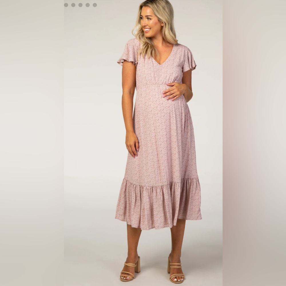 Pink Dot Print Ruffle Maternity Midi Dress